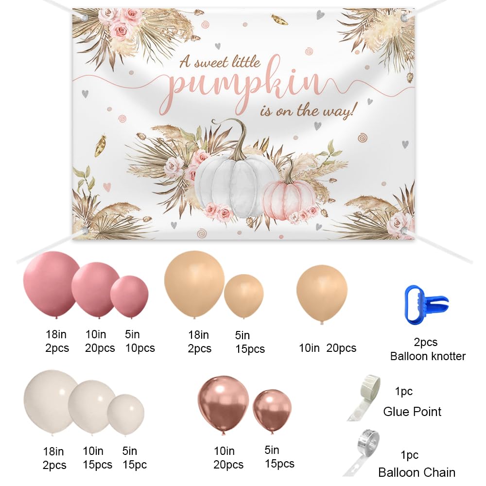 MEHOFOND Boho Baby Shower Party Decorations Set 156pcs Retro Boho Balloons Set Fall Pumpkin Girl Baby Shower Backdrop Pink Floral A Little Pumpkin Is On The Way Banner Boho Balloon Garland Arch Kit