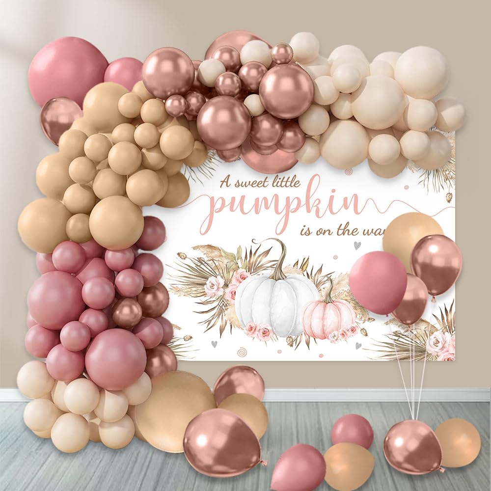 MEHOFOND Boho Baby Shower Party Decorations Set 156pcs Retro Boho Balloons Set Fall Pumpkin Girl Baby Shower Backdrop Pink Floral A Little Pumpkin Is On The Way Banner Boho Balloon Garland Arch Kit