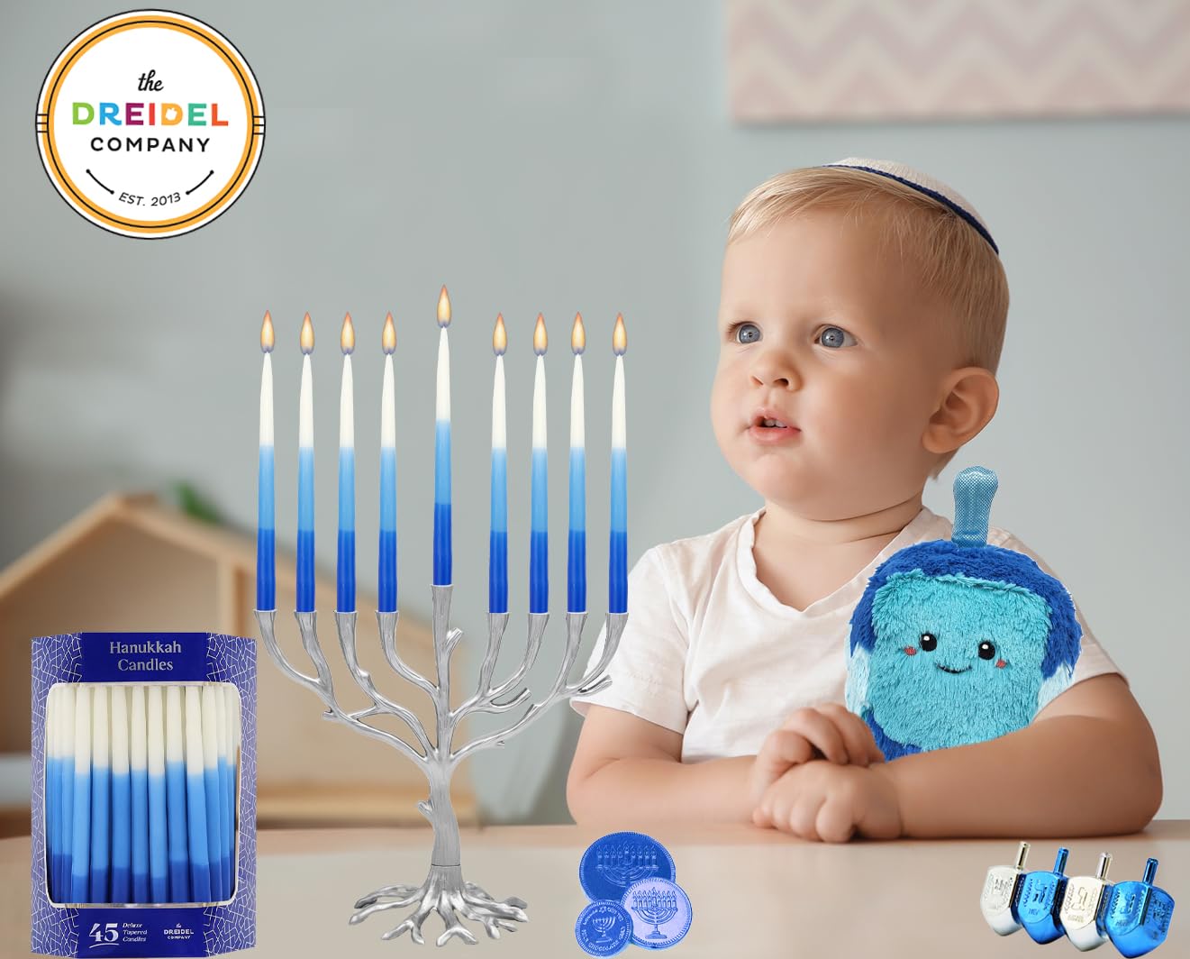 The Dreidel Company Deluxe Tapered Hanukkah Menorah Tri Color Blue, Blue, and White, Candles for All 8 Nights of Chanukah (Single)