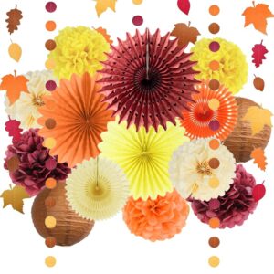 fall party decorations orange burgundy paper fans yellow paper pom poms paper lanterns maple leaf garland circle dot for autumn harvest birthday fall bridal shower baby shower thanksgiving party decor