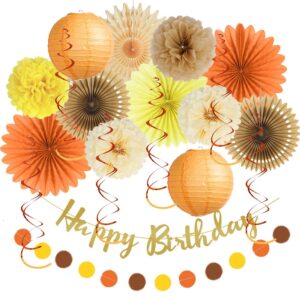 fall birthday decorations girl rustic nature autumn birthday party decorations paper fans brown orange cream tissue pom poms lanterns with happy birthday banner gold paper circle garland for women