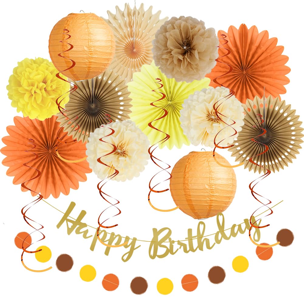 Fall Birthday Decorations Girl Rustic Nature Autumn Birthday Party Decorations Paper Fans Brown Orange Cream Tissue Pom Poms Lanterns with Happy Birthday Banner Gold Paper Circle Garland for Women