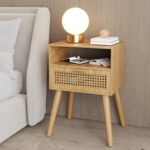 Mid-Century Modern Rattan Nightstand (2 Set), Boho Wood Accent Table with Storage Drawer - Bedside Table for Bedroom or End Table for Living Room, Natural Wood Accent Decor - Dark Brown