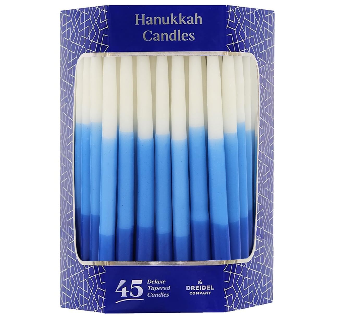 The Dreidel Company Deluxe Tapered Hanukkah Menorah Tri Color Blue, Blue, and White, Candles for All 8 Nights of Chanukah (Single)