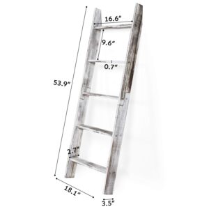 Afaris Gray Washed Wood Decorative Ladder Shelf, 4.5 Foot Wall Leaning Wooden Towel Blanket Ladder Storage Rack for Bathroom or Living Room