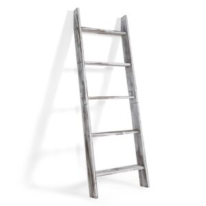 Afaris Gray Washed Wood Decorative Ladder Shelf, 4.5 Foot Wall Leaning Wooden Towel Blanket Ladder Storage Rack for Bathroom or Living Room