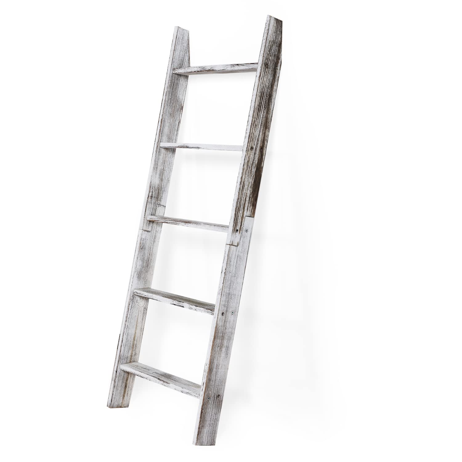 Afaris Gray Washed Wood Decorative Ladder Shelf, 4.5 Foot Wall Leaning Wooden Towel Blanket Ladder Storage Rack for Bathroom or Living Room