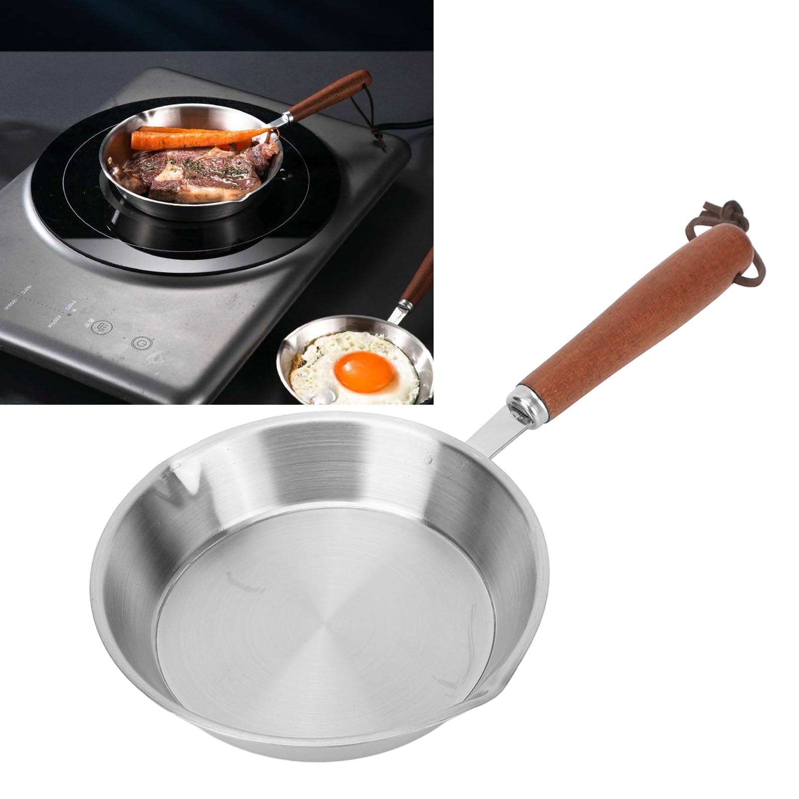 Diydeg Stainless Steel Frying Pan, Cookware, Even Heat Distribution, Wooden Ergonomic Handle Skillet, Compatible with Induction Stoves, Gas Stoves, Ceramic Stoves and Oven (16CM)