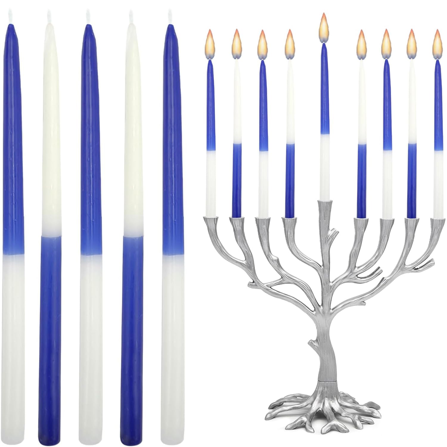 The Dreidel Company Deluxe Tapered Hanukkah Menorah Half and Half Navy Blue and White, Candles for All 8 Nights of Chanukah (Single)