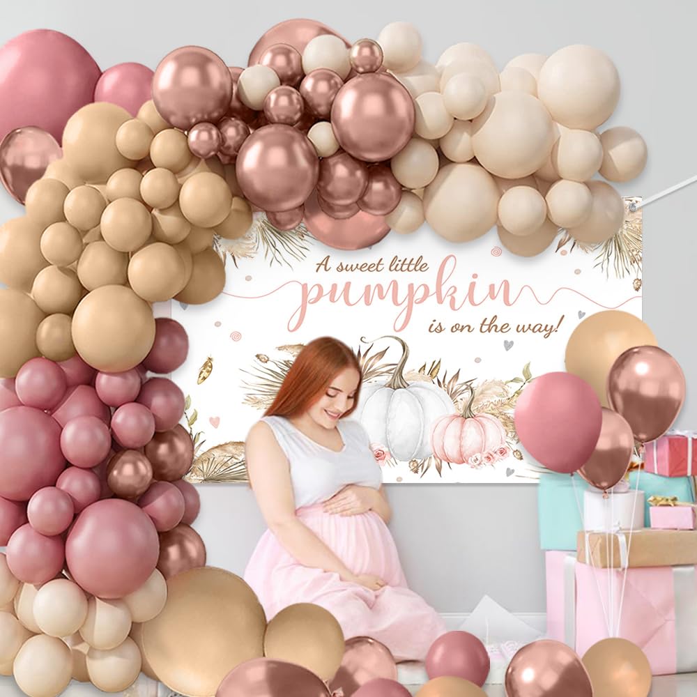 MEHOFOND Boho Baby Shower Party Decorations Set 156pcs Retro Boho Balloons Set Fall Pumpkin Girl Baby Shower Backdrop Pink Floral A Little Pumpkin Is On The Way Banner Boho Balloon Garland Arch Kit