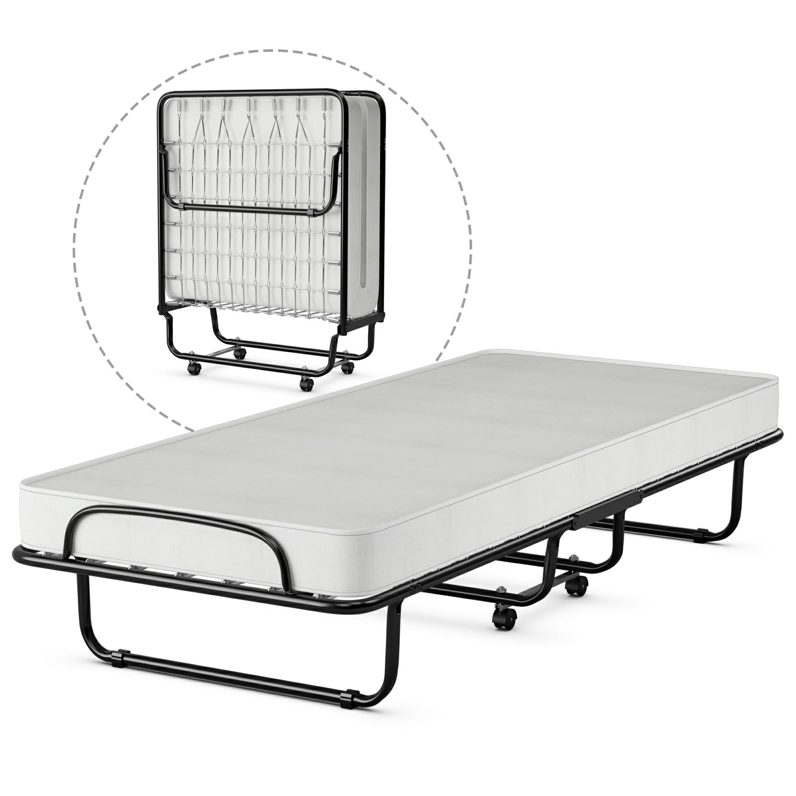 HAPPYGRILL Folding Bed with Mattress for Adults, Rollaway Bed W/Memory Foam Mattress, 4 Universal Wheels, Sturdy Steel Frame, Potable Fold Up Bed for Living Home Bed Room Office,Made in Italy