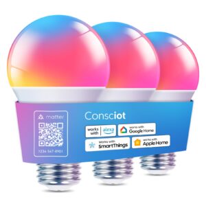 consciot smart light bulbs, wifi bluetooth color changing led light bulb, music sync, 60w equivalent smart bulb, a19 e26 rgbtw light bulbs that works with alexa/google home/apple home/siri, 3 pack