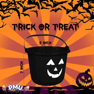 PMU Halloween Jack-O-Lantern Trick or Treat Pail Bucket - Candy Gift Basket for Kids - Pumpkin Plastic Buckets with Handle - Perfect Halloween Décor - 9 Inch Black Pkg/1