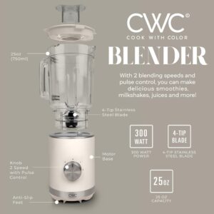 COOK WITH COLOR 300 Watt Blender: Powerful 2-Speed Control with Pulse, 4-Tip Stainless Steel Blades, 25oz (750ml) Jar, and Skid-Resistant Feet, Creme