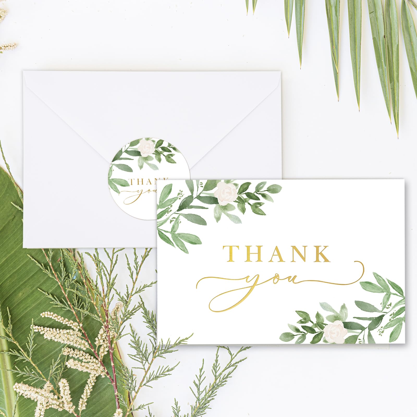 AnyDesign 24 Pack Thank You Cards with Envelopes Stickers Watercolor Green Leaves Blank Note Cards Bulk Eucalyptus Leaf Thank You Greeting Cards for Wedding Baby Shower Bridal Shower, 4 x 6 Inch