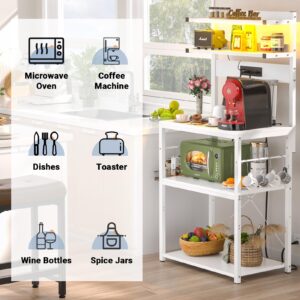 Aheaplus Bakers Rack with Power Outlet, Microwave Stand, 5 Tiers Coffee Bar Station with Led Lights, Kitchen Storage Shelf with 6 S-Shaped Hooks, Kitchen Rack for Spices, Pots and Pans, White