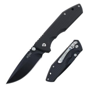 s-tec g10 handle pocket folding knife with g10 handle and pocket clip, 3.0 inch 440 stainless steel blade, thumb stud, smooth nylon pivot, 7.4 inch overall length, ts019 (black)