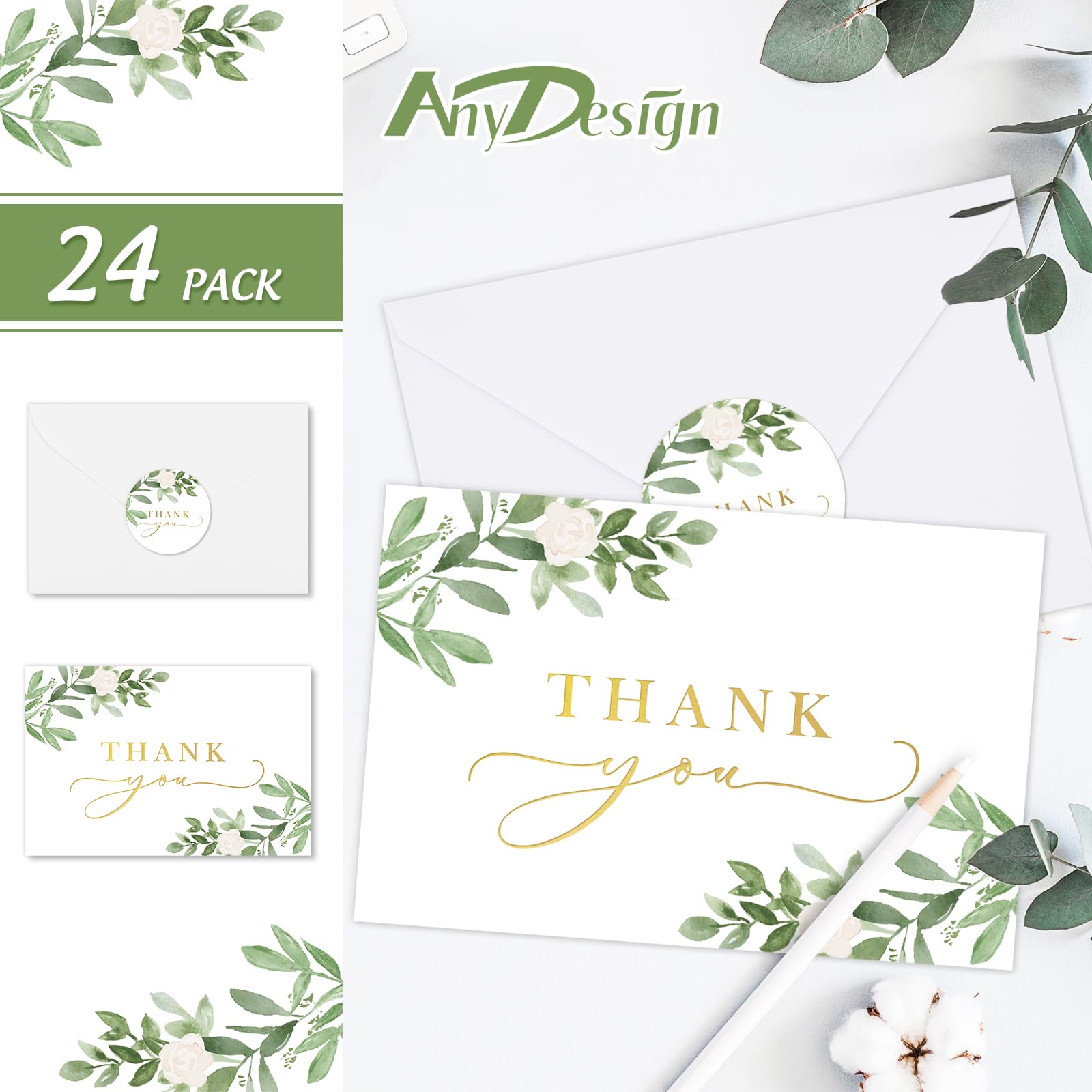 AnyDesign 24 Pack Thank You Cards with Envelopes Stickers Watercolor Green Leaves Blank Note Cards Bulk Eucalyptus Leaf Thank You Greeting Cards for Wedding Baby Shower Bridal Shower, 4 x 6 Inch