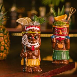 SUN GKOTTA Cocktail Tiki Mugs Set Of 4 - Exotic Mug With 4 Coasters And 4 Straws，Cute Ceramic Hawaiian Style Cocktail Glasses For Party And Tropical Tiki Bar，Mai Tai Cocktail Drinkware (Glossy)