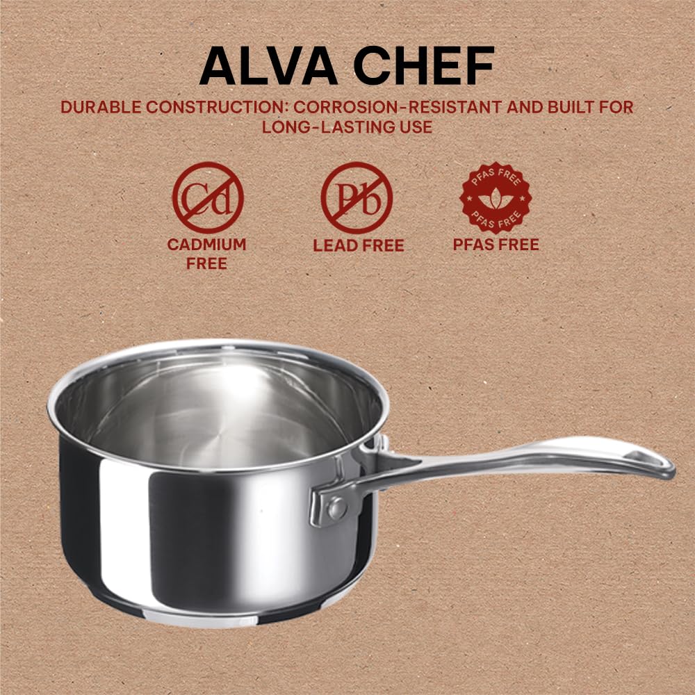 Alva Chef Stainless Steel Saucepan Non Toxic Cookware Induction Compatible 2 Qt PFAS, PFOA & PFTE Free, for Cooking Pan Set, Induction Safe, Add to Your Pots and Pans Set Cookware