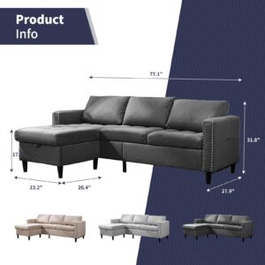 ijuicy 77" Sectional Sofa Couch with Storage Ottoman, 3 Seat L Shaped Sectional Couch, Modern Linen Rivet Tufted Small Couches for Living Room, Apartment & Small Space (Dark Grey)