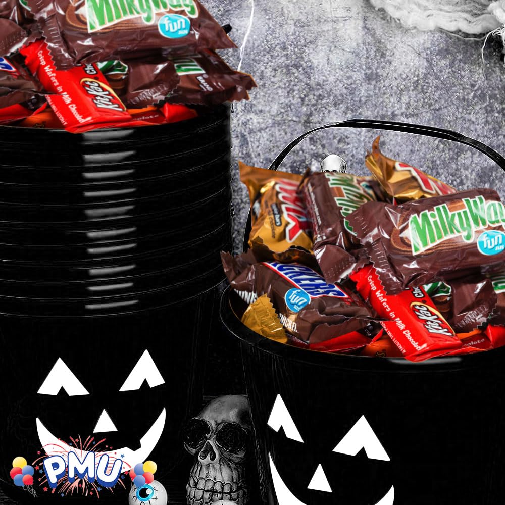 PMU Halloween Jack-O-Lantern Trick or Treat Pail Bucket - Candy Gift Basket for Kids - Pumpkin Plastic Buckets with Handle - Perfect Halloween Décor - 9 Inch Black Pkg/1