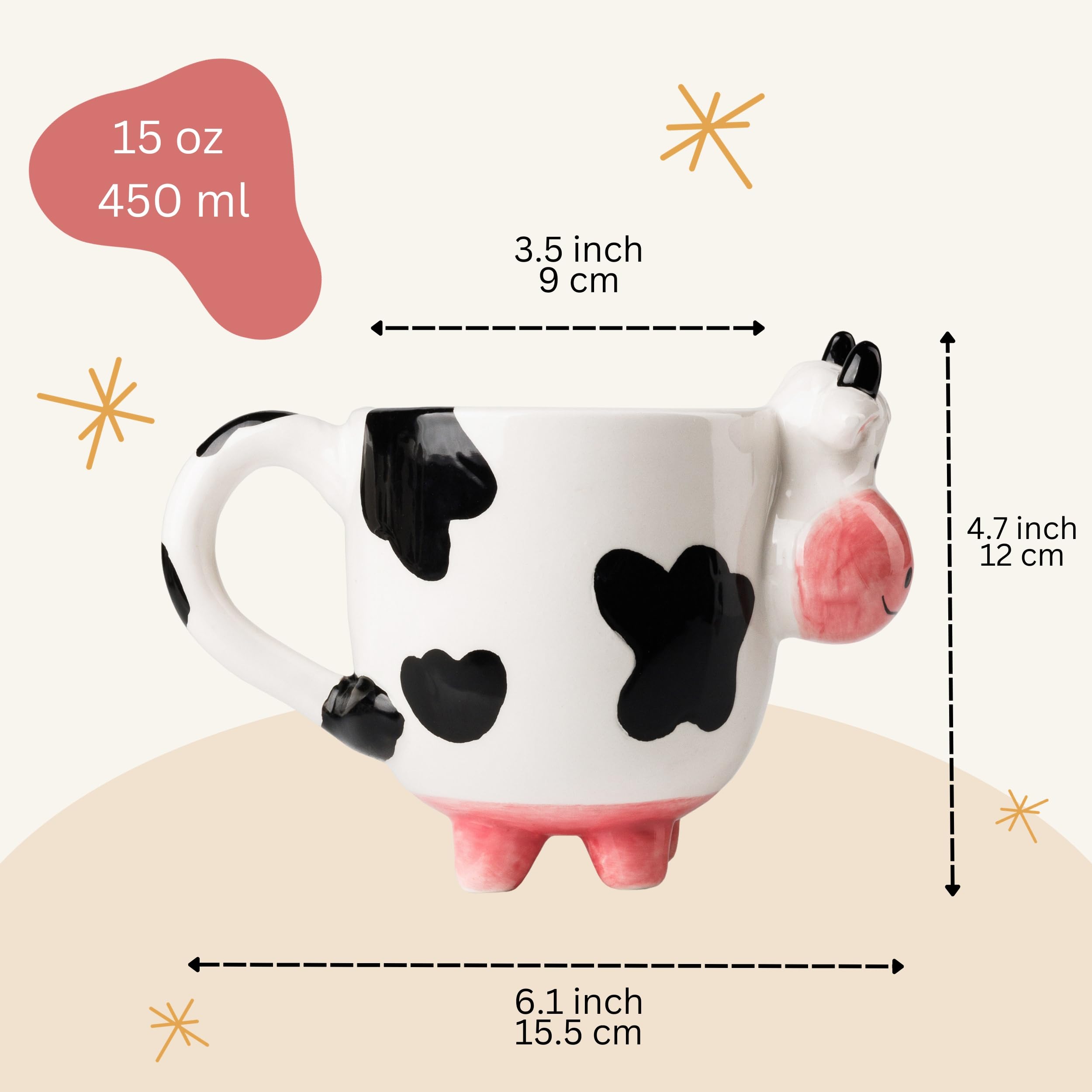 SWEETLO Cow Coffee Mug Stuff 15oz Ceramic Cup - Cow Shaped Face & Udder Coffee Mug - 450 ml Weird Milk Cow Udder Utter Shaped 3D Coffee Mug with Udders for Women - Taza de Vaca Cow Items Lover