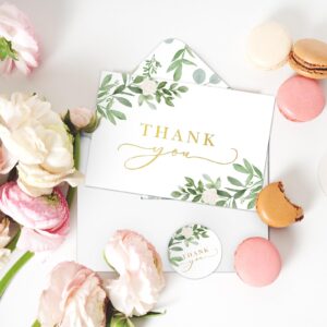 AnyDesign 24 Pack Thank You Cards with Envelopes Stickers Watercolor Green Leaves Blank Note Cards Bulk Eucalyptus Leaf Thank You Greeting Cards for Wedding Baby Shower Bridal Shower, 4 x 6 Inch