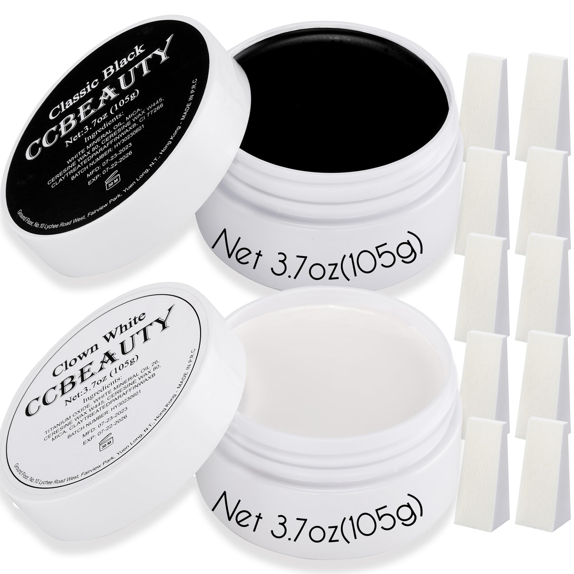 CCbeauty Halloween Makeup 7.4oz Large Black White Cream Face Paint Set with 10 Sponges, Non Toxic Body Painting Kit for Adult Dress Up Mime Skeleton Skull Costume Cosplay Makeup