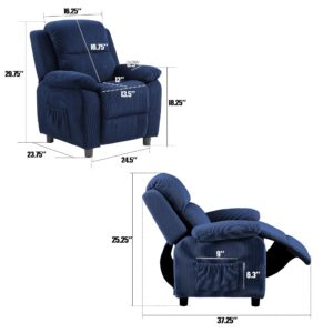 Ulax furniture Corduroy Kids Recliner Chair, Toddler Armrest Sofa Couch, Ergonomic Adjustable Lounge Sofa with Footrest, Padded Backrest, Storage Arms, Navy Recliner for Girls and Boys