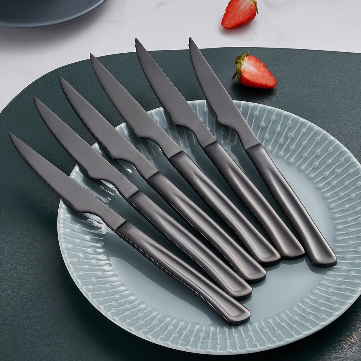 Seeshine Black Steak Knife Set, 6 Piece Stainless Steel Kitchen Knife Set & Kitchen Utility Knives, 8.7 Inch Serrated Steak Knives, Dinner Knives, Sharp Knife with Ergonomic Handles