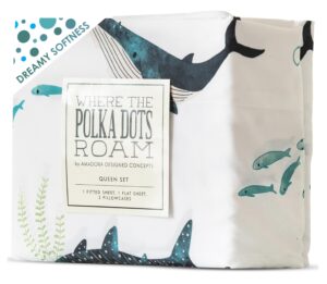 where the polka dots roam nautical ocean full bedding set - 4 piece super soft kids bed set with fitted sheet, flat sheet, and pillowcases - underwater sea creatures design for boys girls room décor