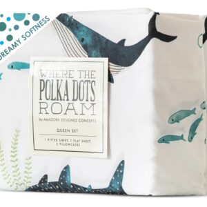 Where The Polka Dots Roam Nautical Ocean Full Bedding Set - 4 Piece Super Soft Kids Bed Set with Fitted Sheet, Flat Sheet, and Pillowcases - Underwater Sea Creatures Design for Boys Girls Room Décor