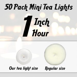 Mini Tea Light Candles Bulk Tea Candles 50 Mini Tea Lights Tiny Tea Lights White Unscented Mini Travel Candles 1 Hour Tea Lights Candle Bulk Shabbat Tea Candles for Travel Candles, Mini Candles