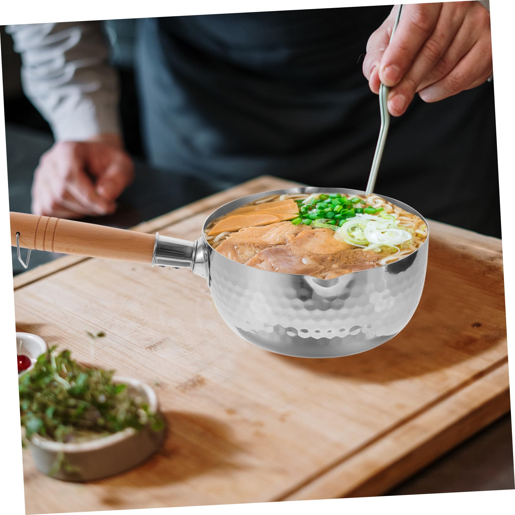 SHOWERORO Stainless Steel Snow Pan Metal Sauce Pan Japanese Pot Ramen Cooker Japanese Saucepan Yukihira Saucepan Stainless Steel Yukihira Pan Nonstick Sauce Pan Milk Non Stick Pan Baby Wood