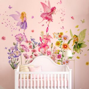 Supzone Flower Fairy Wall Stickers Butterfly Girl Wall Decals Removable Vinyl Wall Art Sticker for Girls Baby Nursery Kids Bedroom Living Room Bathroom Wall Decor Mural