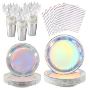 168 pcs iridescent laser birthday party tableware set, shiny iridescent dessert plates cups sparkle holographic foil napkins for 24 guest disco bridal wedding christmas iridescent party decoration