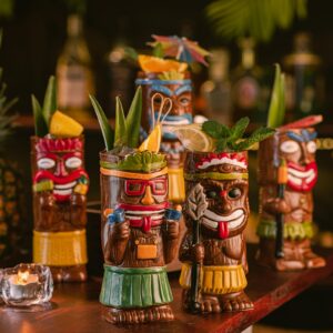 SUN GKOTTA Cocktail Tiki Mugs Set Of 4 - Exotic Mug With 4 Coasters And 4 Straws，Cute Ceramic Hawaiian Style Cocktail Glasses For Party And Tropical Tiki Bar，Mai Tai Cocktail Drinkware (Glossy)