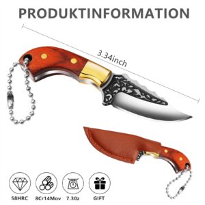 Coowolf Mini Keychain Knife, 3.35 Inch Stainless Steel Fixed Blade Knife with Leather Sheath, Wood Handle EDC Tiny knife for Everyday Use or Collection