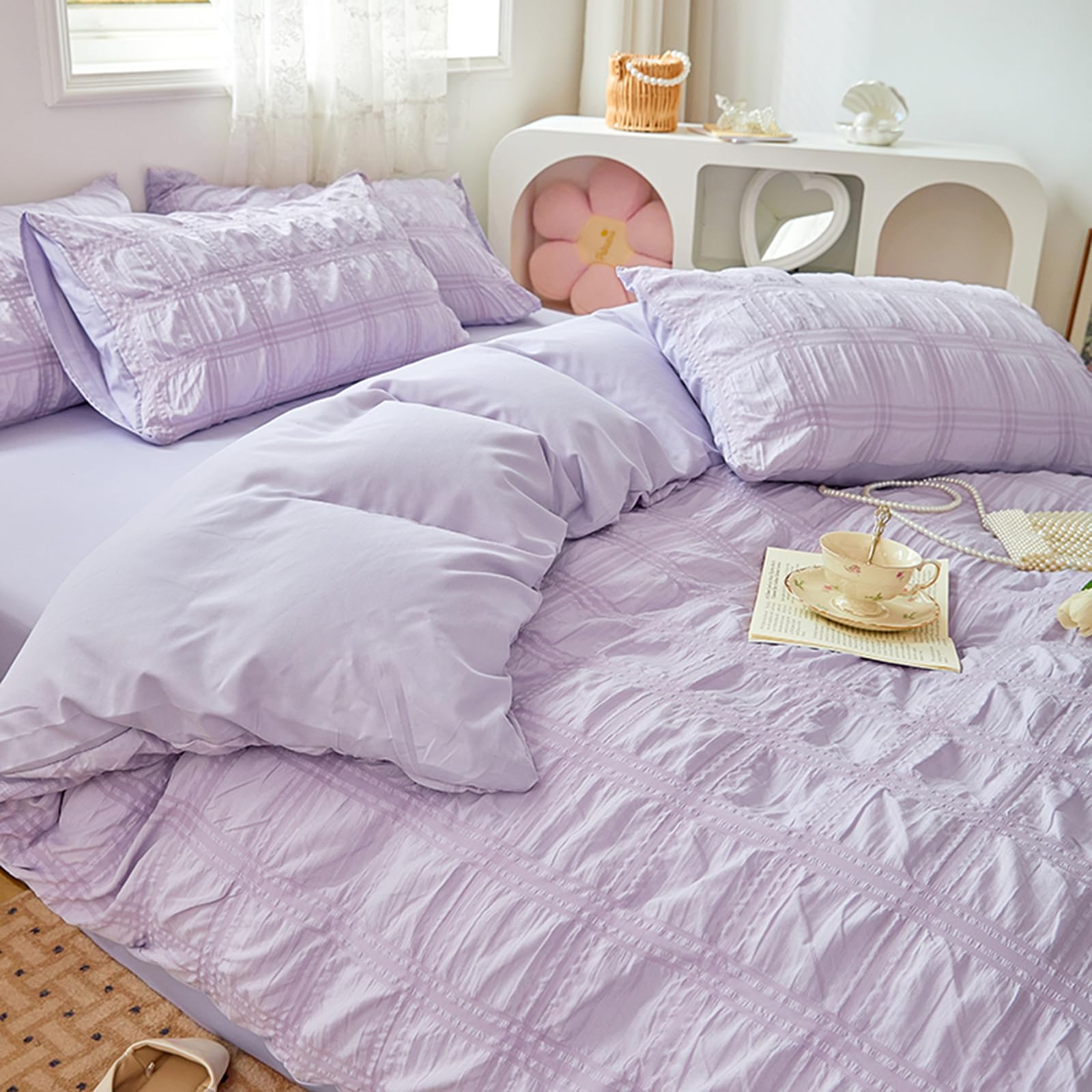 Beyeutao Seersucker Duvet Cover Set King Size Purple Seersucker Duvet Cover Modern Style Textured Bedding Set 3 pcs Breathable Lightweight Comforter Cover with Pillow Shams.