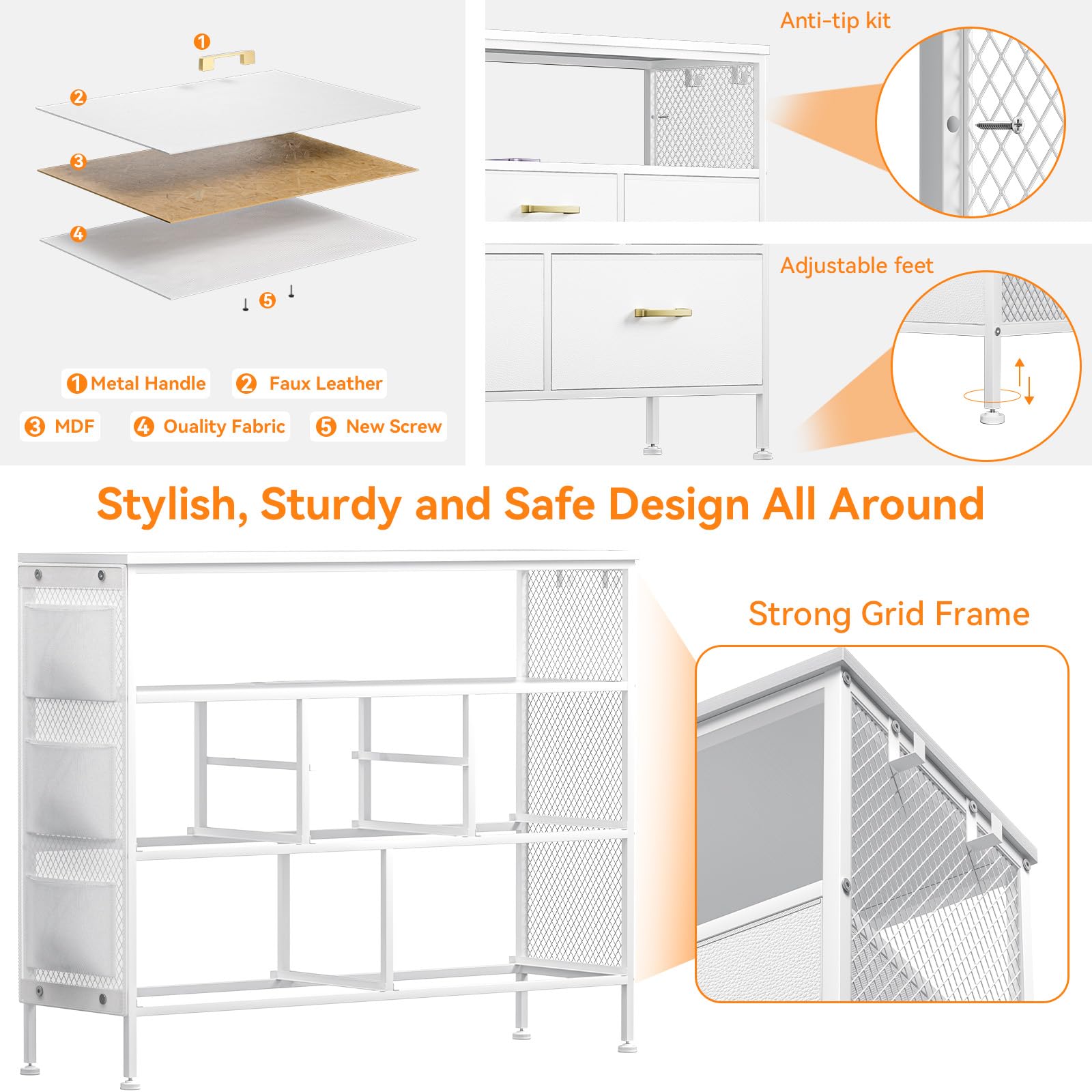 YILQQPER White Dresser for Bedroom Dresser, TV Stand with 6 Drawers, Bedroom Dresser with Power Outlets and LED Light, Fabric Dressers & Chests of Drawers with Shelves, Side Pockets & Hooks for 45" TV