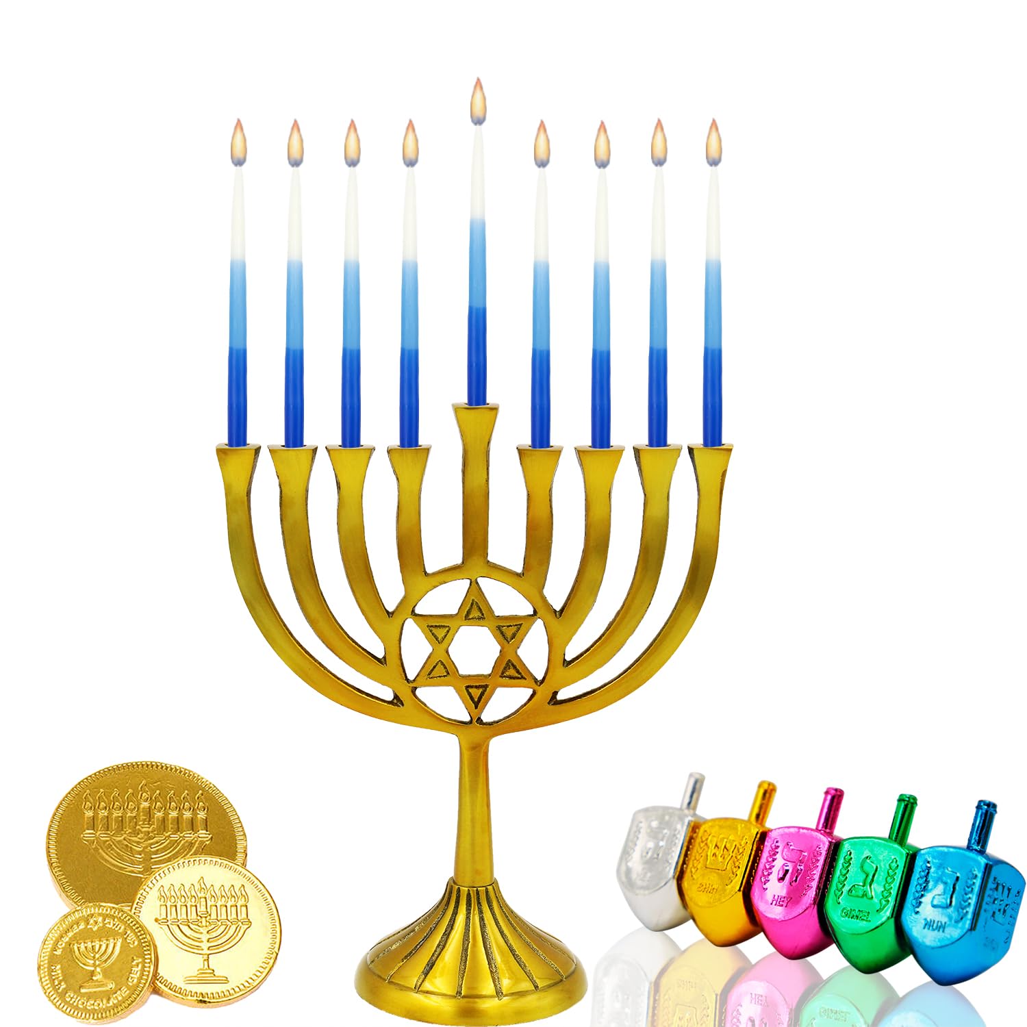 The Dreidel Company Deluxe Tapered Hanukkah Menorah Tri Color Blue, Blue, and White, Candles for All 8 Nights of Chanukah (Single)