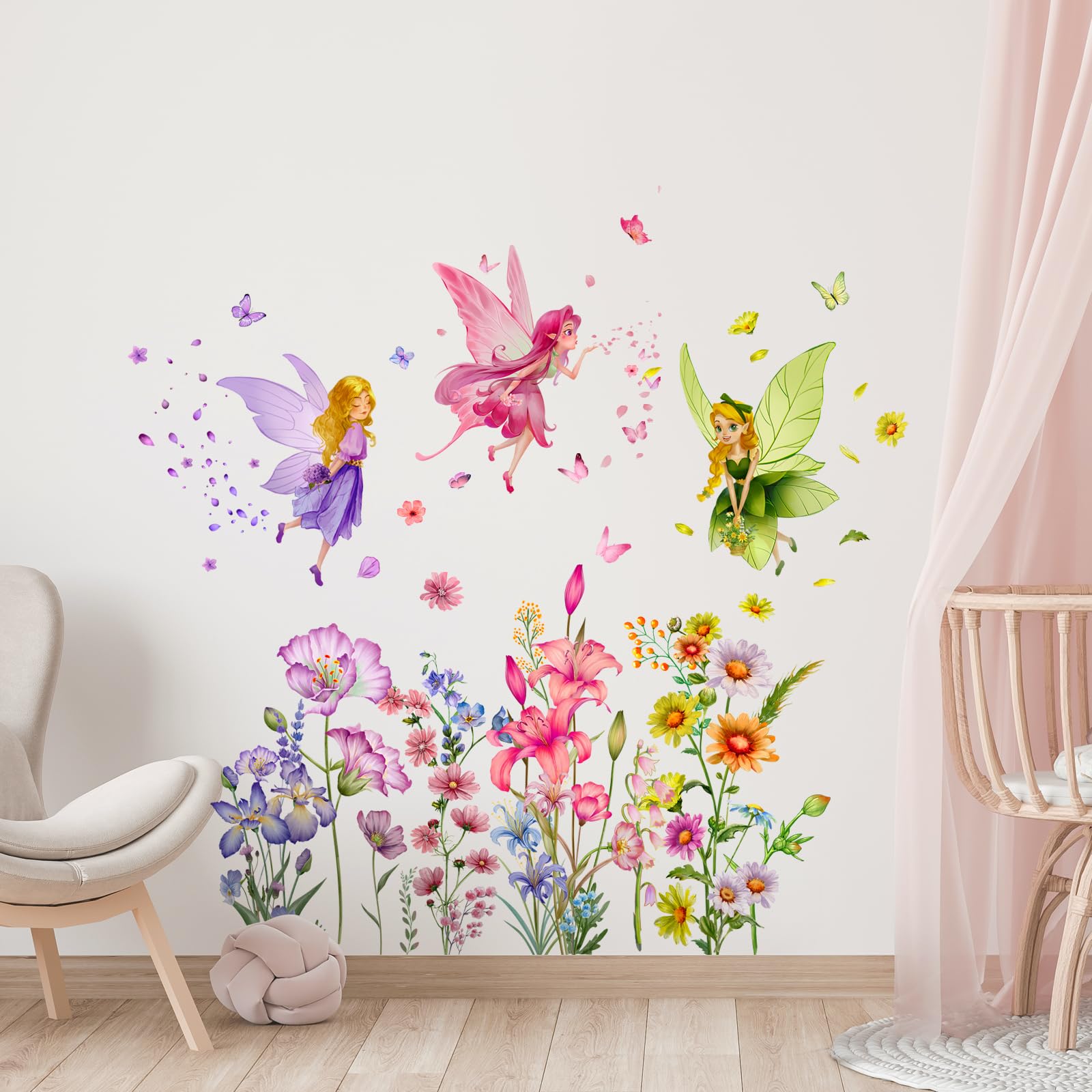 Supzone Flower Fairy Wall Stickers Butterfly Girl Wall Decals Removable Vinyl Wall Art Sticker for Girls Baby Nursery Kids Bedroom Living Room Bathroom Wall Decor Mural