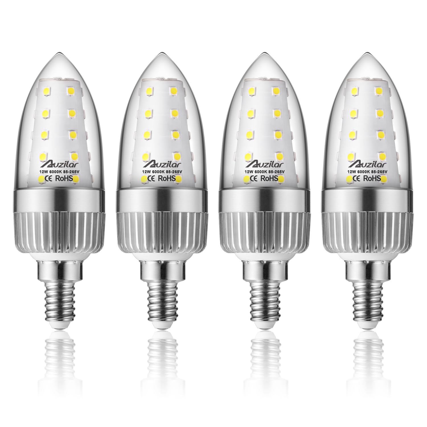 Auzilar E12 LED Light Bulbs, 12W LED Candelabra Bulbs 100 Watt Equivalent, 1200LM, 6000K Daylight White Ceiling Fan Light Bulbs, Decorative Candle Base E12 Non-Dimmable LED Chandelier Bulbs,Pack of 4