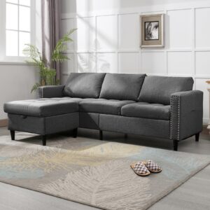 ijuicy 77" sectional sofa couch with storage ottoman, 3 seat l shaped sectional couch, modern linen rivet tufted small couches for living room, apartment & small space (dark grey)