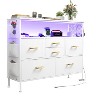 yilqqper white dresser for bedroom dresser, tv stand with 6 drawers, bedroom dresser with power outlets and led light, fabric dressers & chests of drawers with shelves, side pockets & hooks for 45" tv