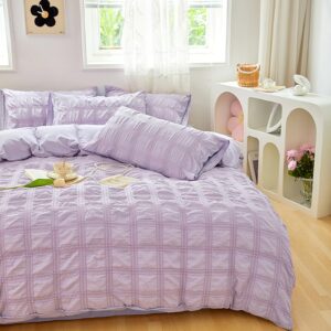 Beyeutao Seersucker Duvet Cover Set King Size Purple Seersucker Duvet Cover Modern Style Textured Bedding Set 3 pcs Breathable Lightweight Comforter Cover with Pillow Shams.