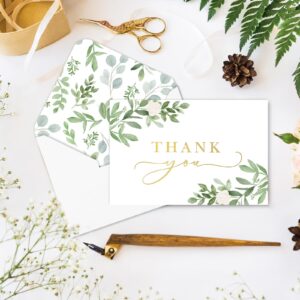 AnyDesign 24 Pack Thank You Cards with Envelopes Stickers Watercolor Green Leaves Blank Note Cards Bulk Eucalyptus Leaf Thank You Greeting Cards for Wedding Baby Shower Bridal Shower, 4 x 6 Inch