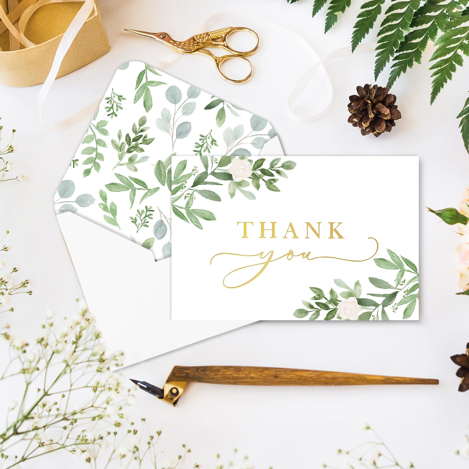 AnyDesign 24 Pack Thank You Cards with Envelopes Stickers Watercolor Green Leaves Blank Note Cards Bulk Eucalyptus Leaf Thank You Greeting Cards for Wedding Baby Shower Bridal Shower, 4 x 6 Inch