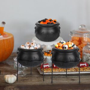 Halloween Decor Witches Cauldron Halloween Candy Bowl Serving Dishes Set of 3 Black Plastic Cauldron with Iron Rack Halloween Cauldron Candy Bucket Punch Bowls for Indoor Outdoor Party Decorations